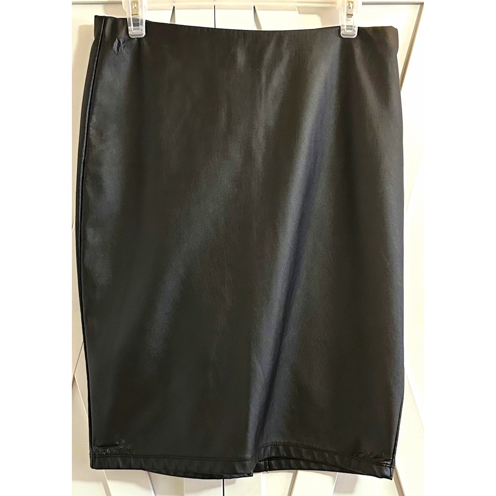 IRIS Black Faux Leather Pencil Skirt Knee Length Back Zipper Size L Regular